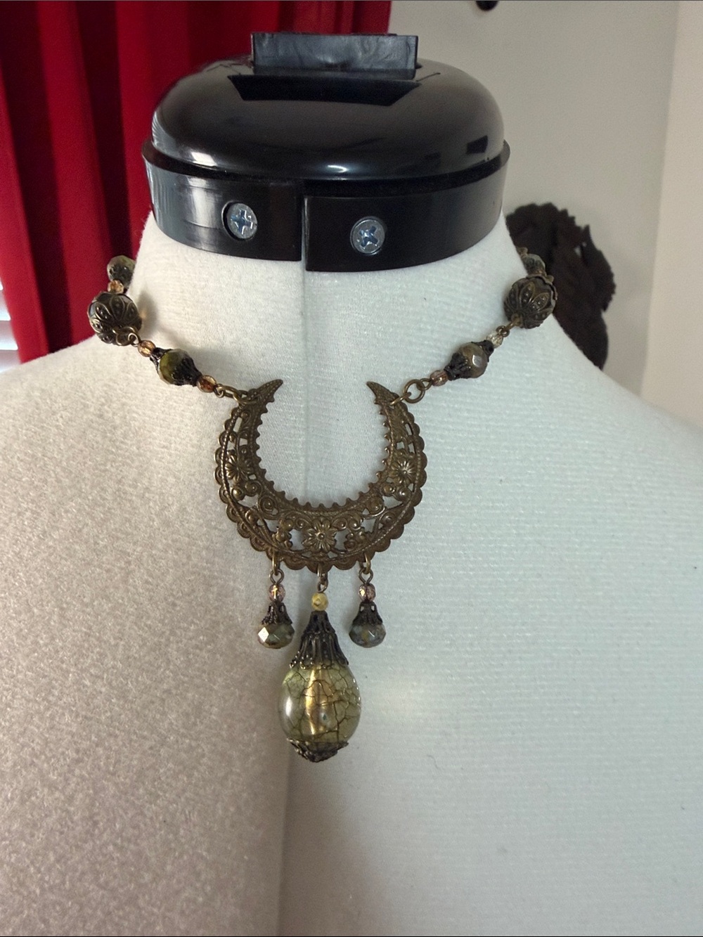 Antique Brass Filigree Crescent Necklace with Green Glass Drop